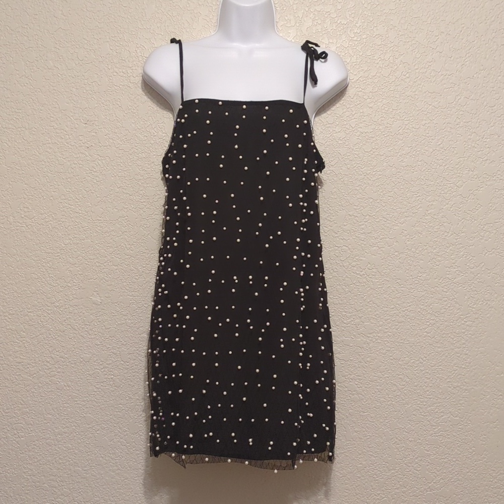 Forever 21 black faux pearl studded shoulder tie mini shift dress